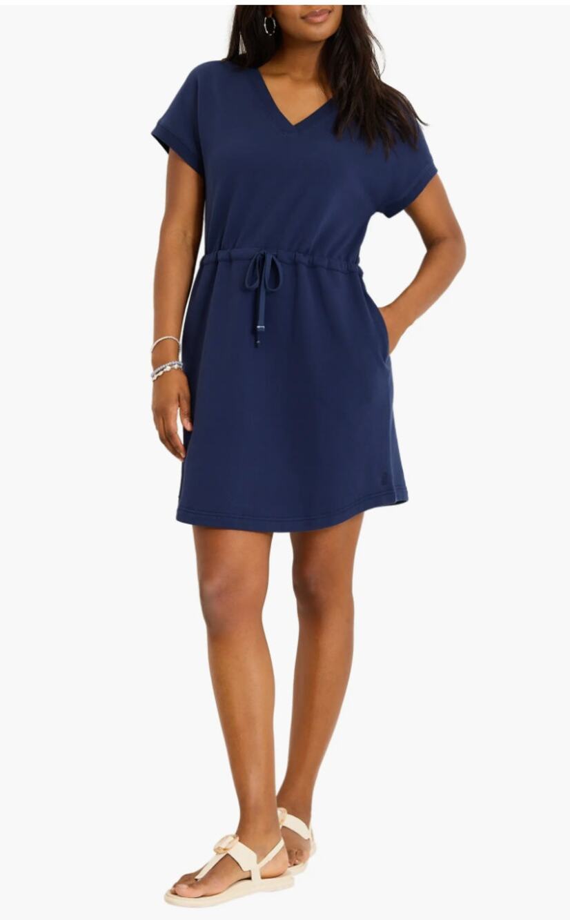 Tommy Bahama Marina del Mar Cotton Fleece V-Neck Dress M NWOT Navy Blue Coastal